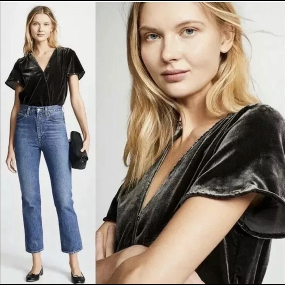 Splendid Black Velvet Surplice Faux wrap top Small
